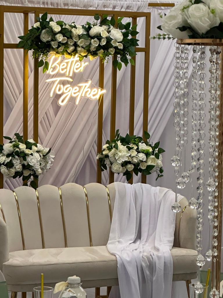 Balloon arch with neon sign, alternate view