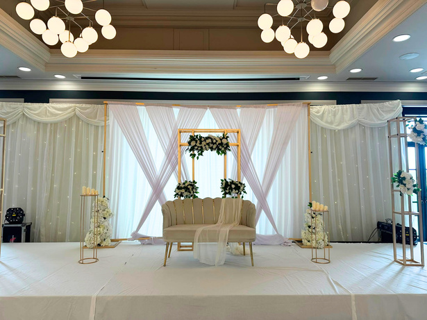 Wide view of styled ballroom venue